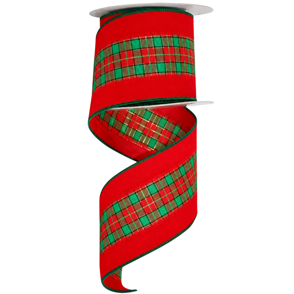 The Matthew John Collective tartan plush wired edge Christmas ribbon in red and green plaid with metallic accents.