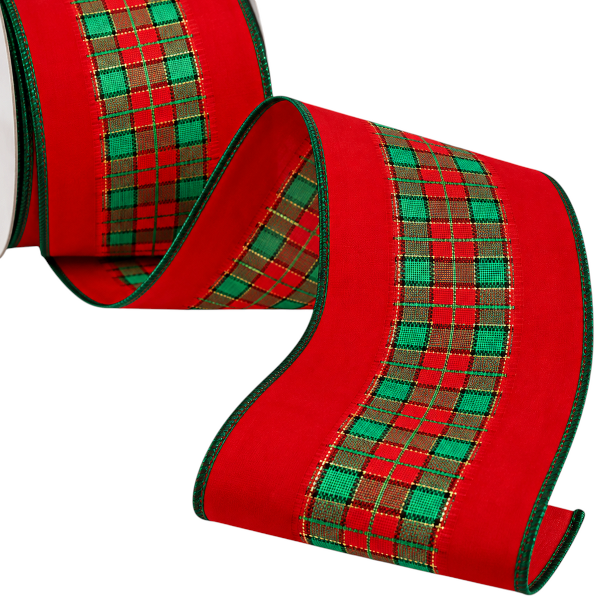 The Matthew John Collective 2.5-inch red and green tartan plush wired edge Christmas ribbon for holiday decor
