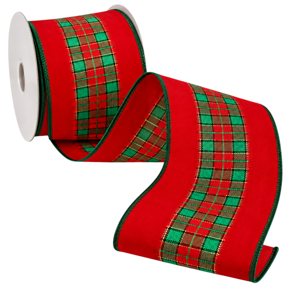 The Matthew John Collective red and green tartan plush wired edge Christmas ribbon for holiday decor and gift wrapping.
