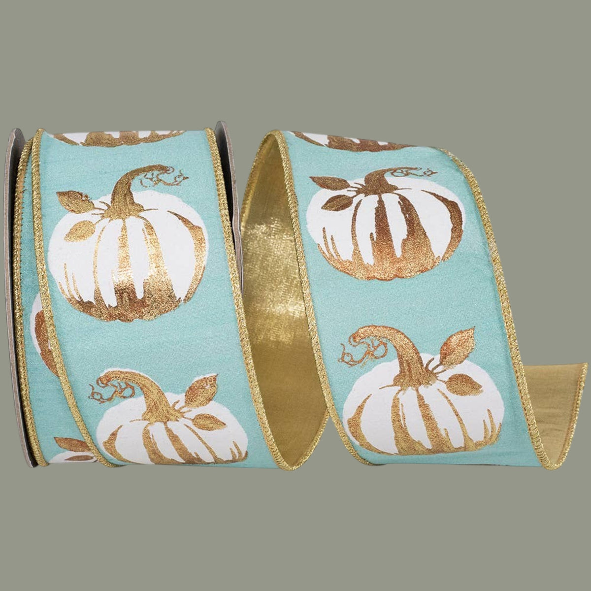 The Matthew John Collective teal ribbon featuring white and gold pumpkin print with metallic gold wired edges