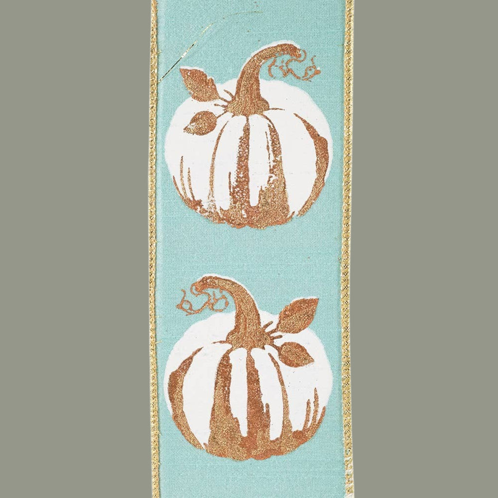 The Matthew John Collective teal ribbon featuring white and gold metallic pumpkin print with gold wired edges