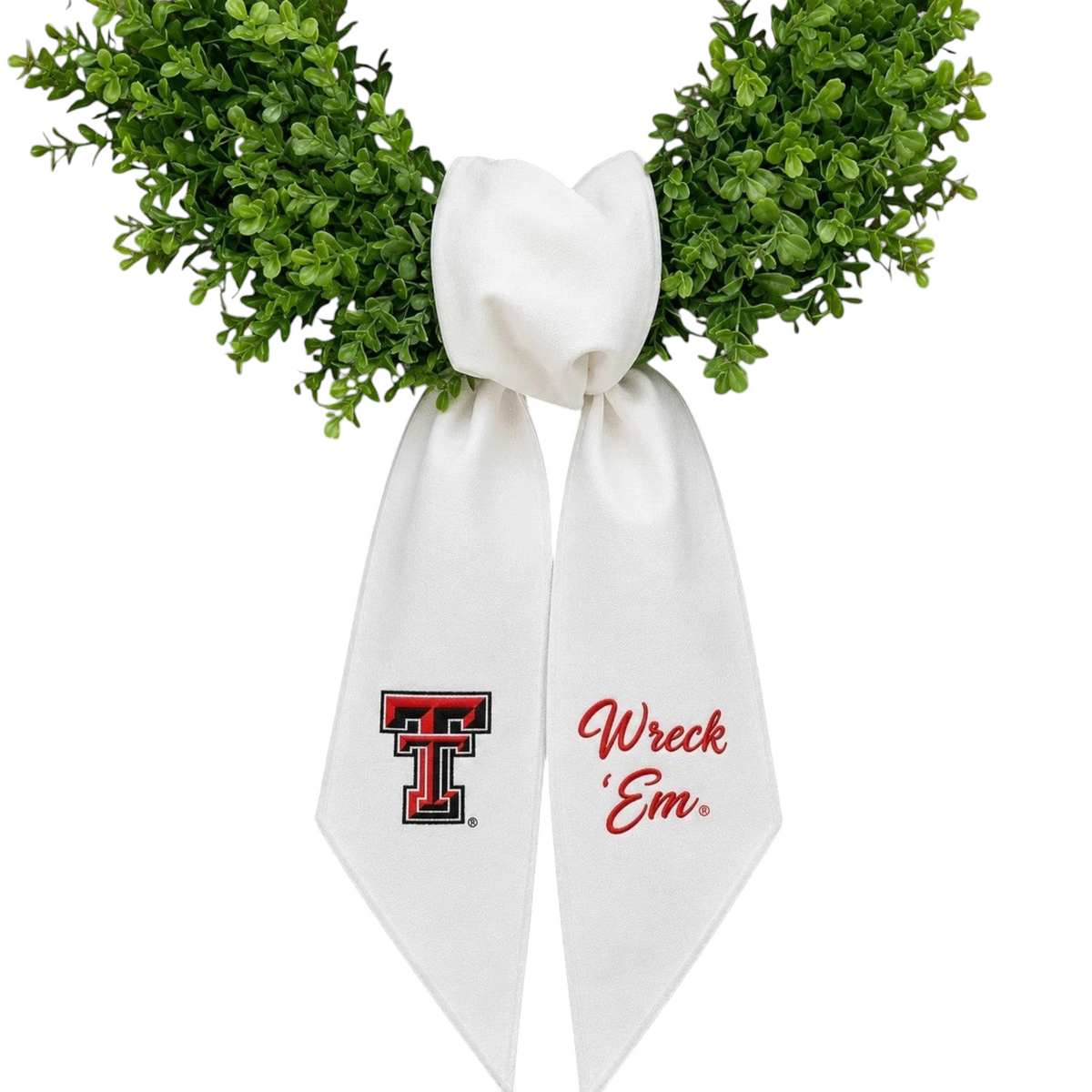 The Matthew John Collective white Texas Tech wreath sash with red embroidered logo and Wreck Em text on green wreath