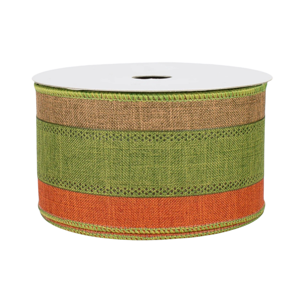 The Matthew John Collective tricolor striped faux-burlap ribbon in brown, moss green, and rust with wired edges.