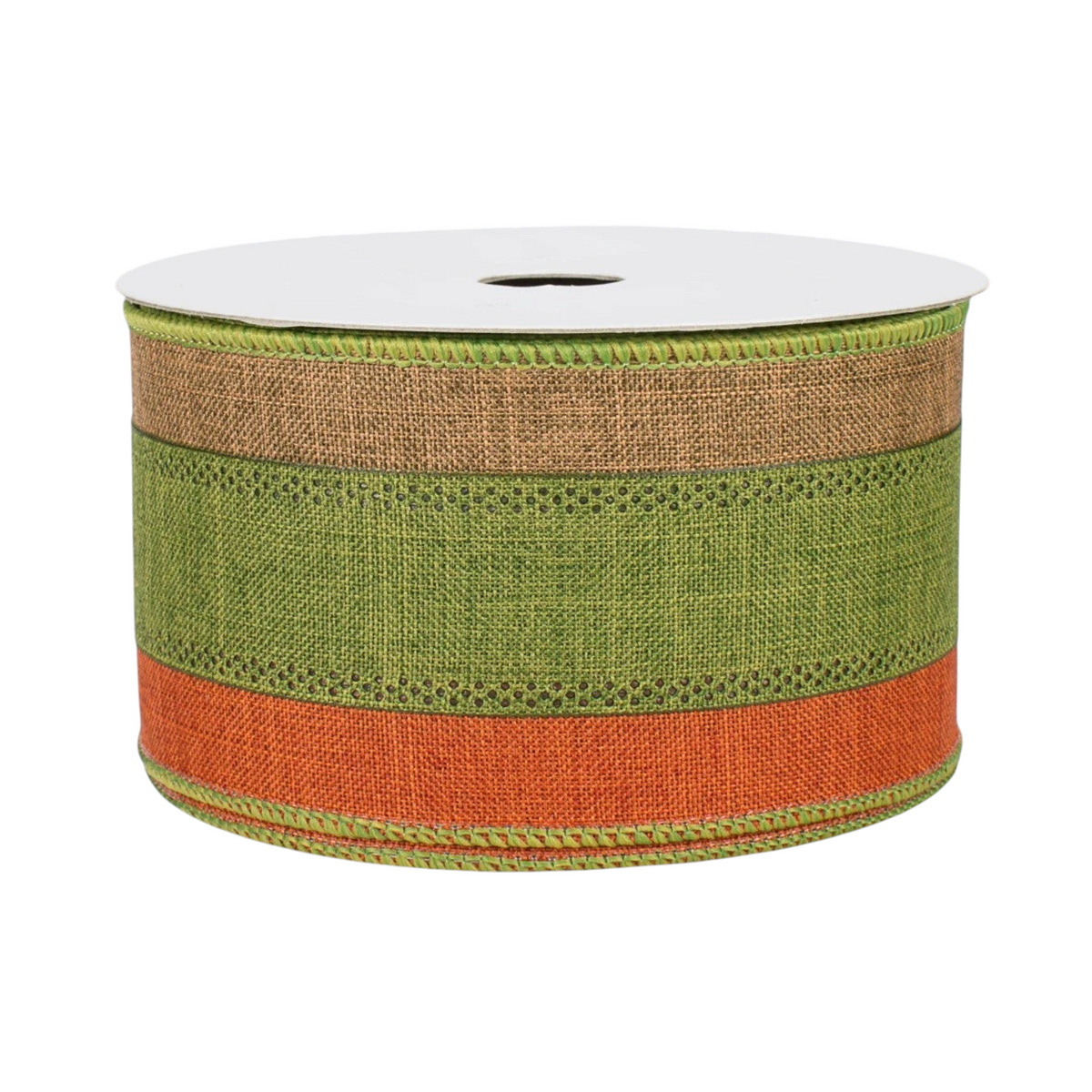 The Matthew John Collective tricolor striped faux-burlap ribbon in brown, moss green, and rust with wired edges.