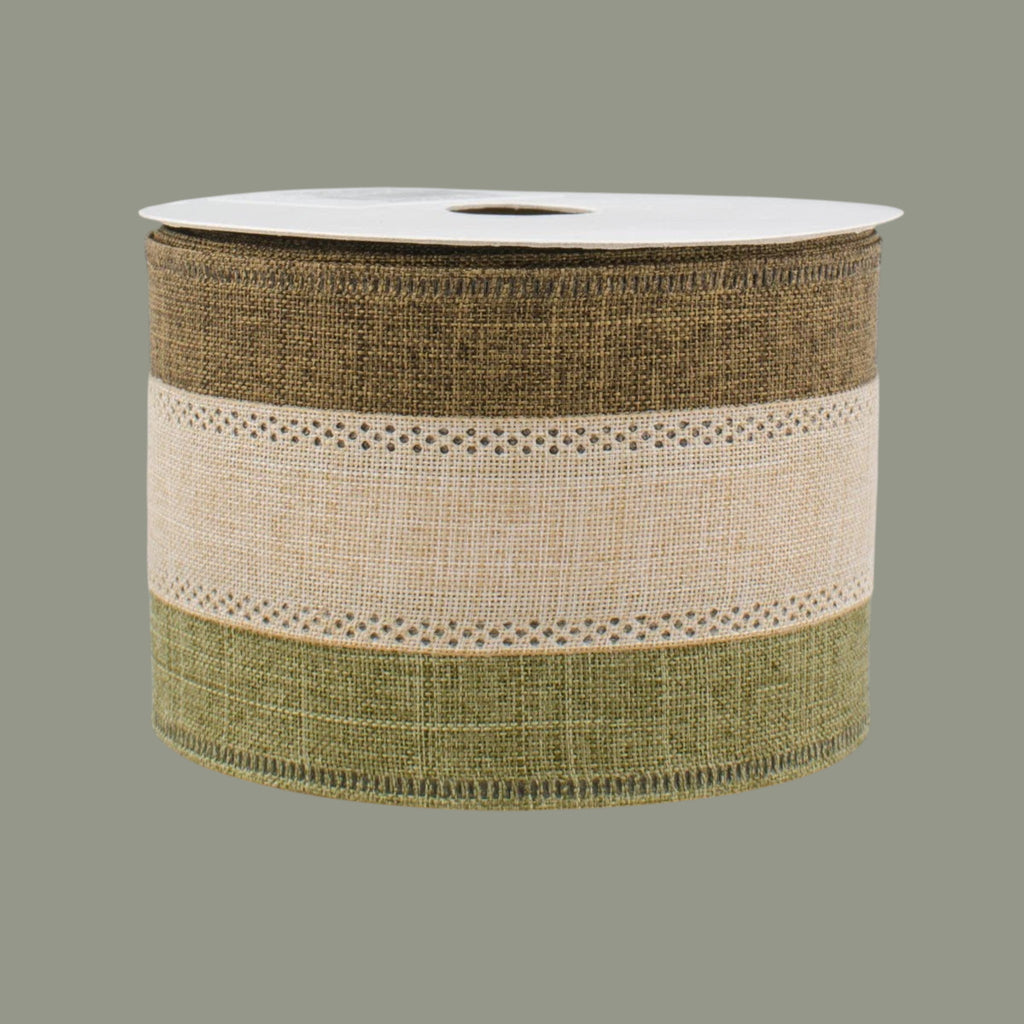 The Matthew John Collective 2.5 inch wide tricolor wired ribbon in moss, tan, and brown royal canvas woven fabric.