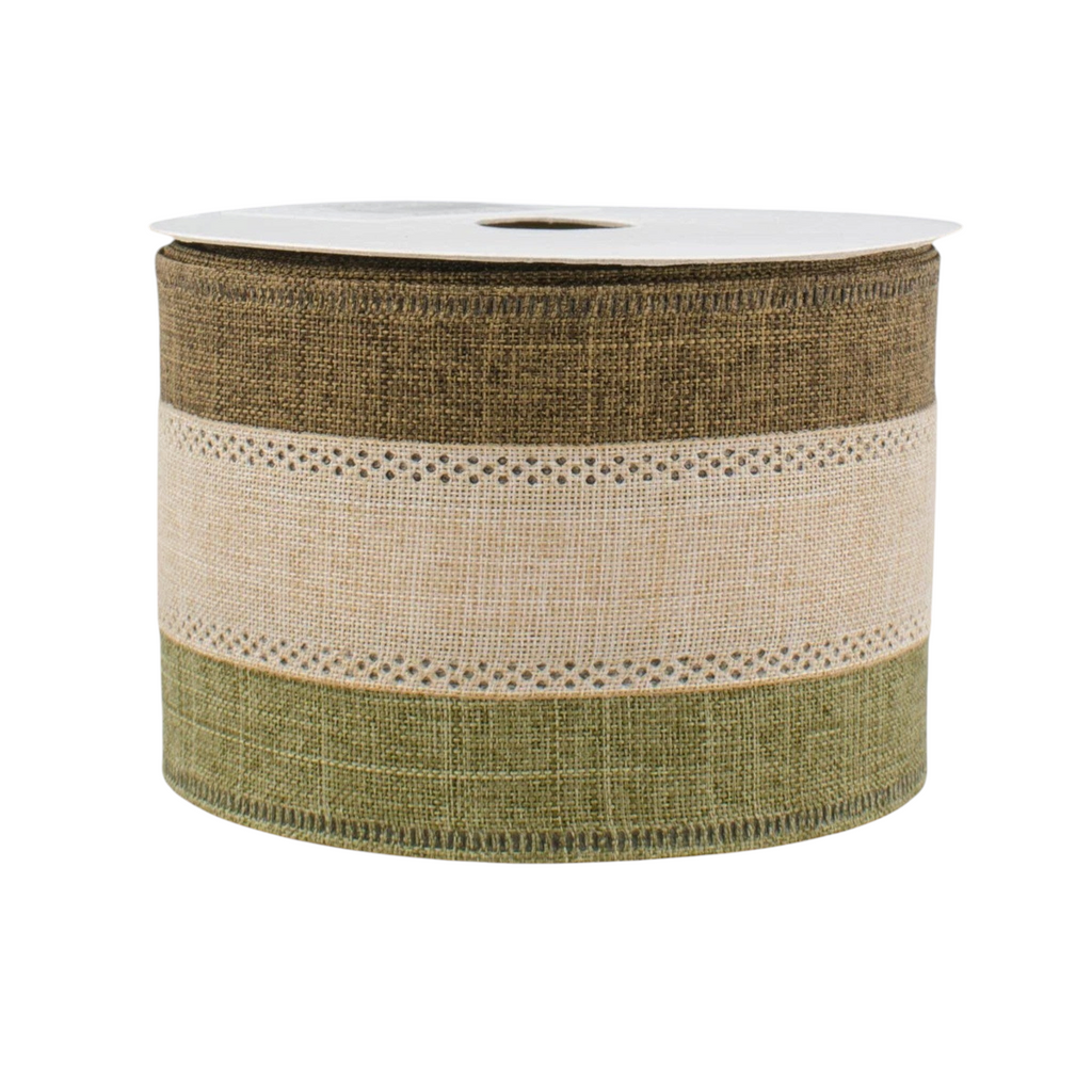 The Matthew John Collective 2.5 inch wide tricolor wired ribbon in moss, tan, and brown royal canvas woven fabric.