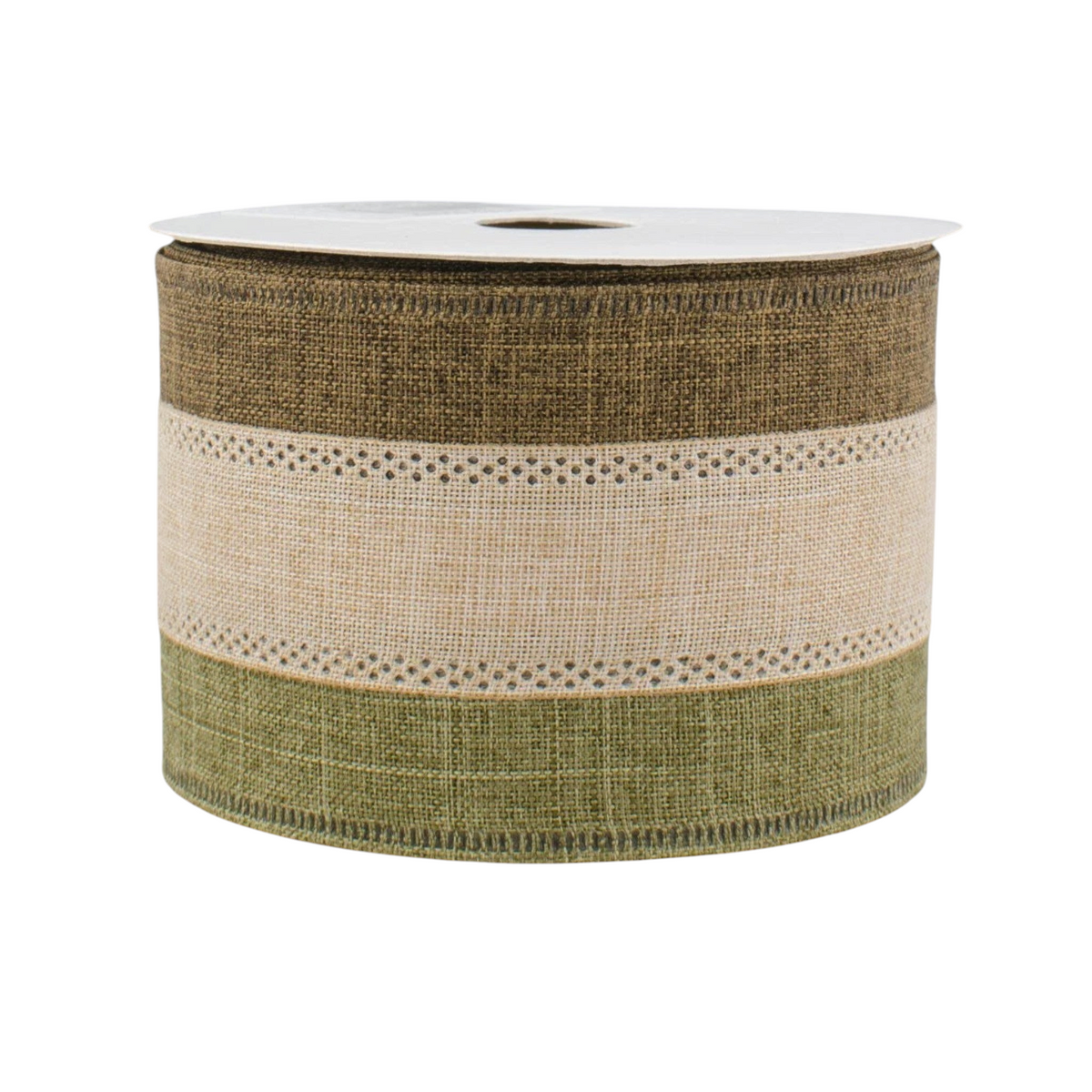 The Matthew John Collective 2.5 inch wide tricolor wired ribbon in moss, tan, and brown royal canvas woven fabric.