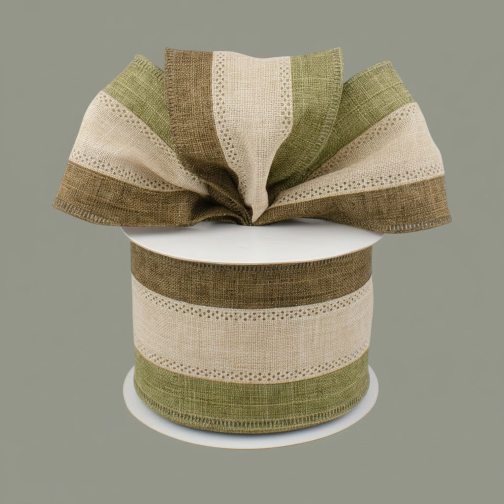 The Matthew John Collective tricolor striped wired ribbon in moss, tan, and brown canvas fabric for fall decor.