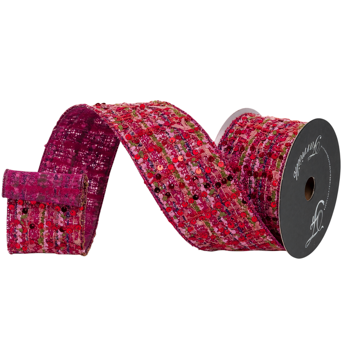 The Matthew John Collective Farrisilk Motley Tweed holiday ribbon in pink and red with shimmering sequin accents.