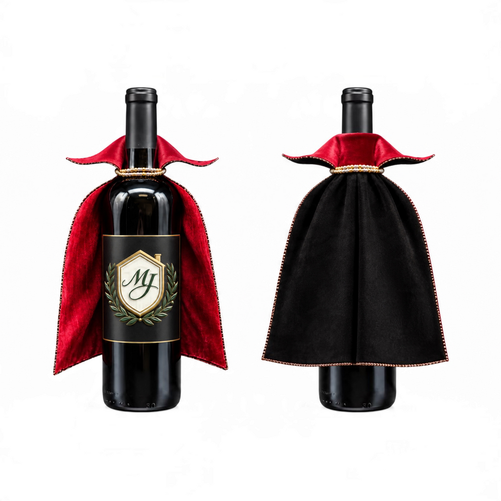 The Matthew John Collective vampire wine bottle cape in black with a red interior, styled on a wine bottle.