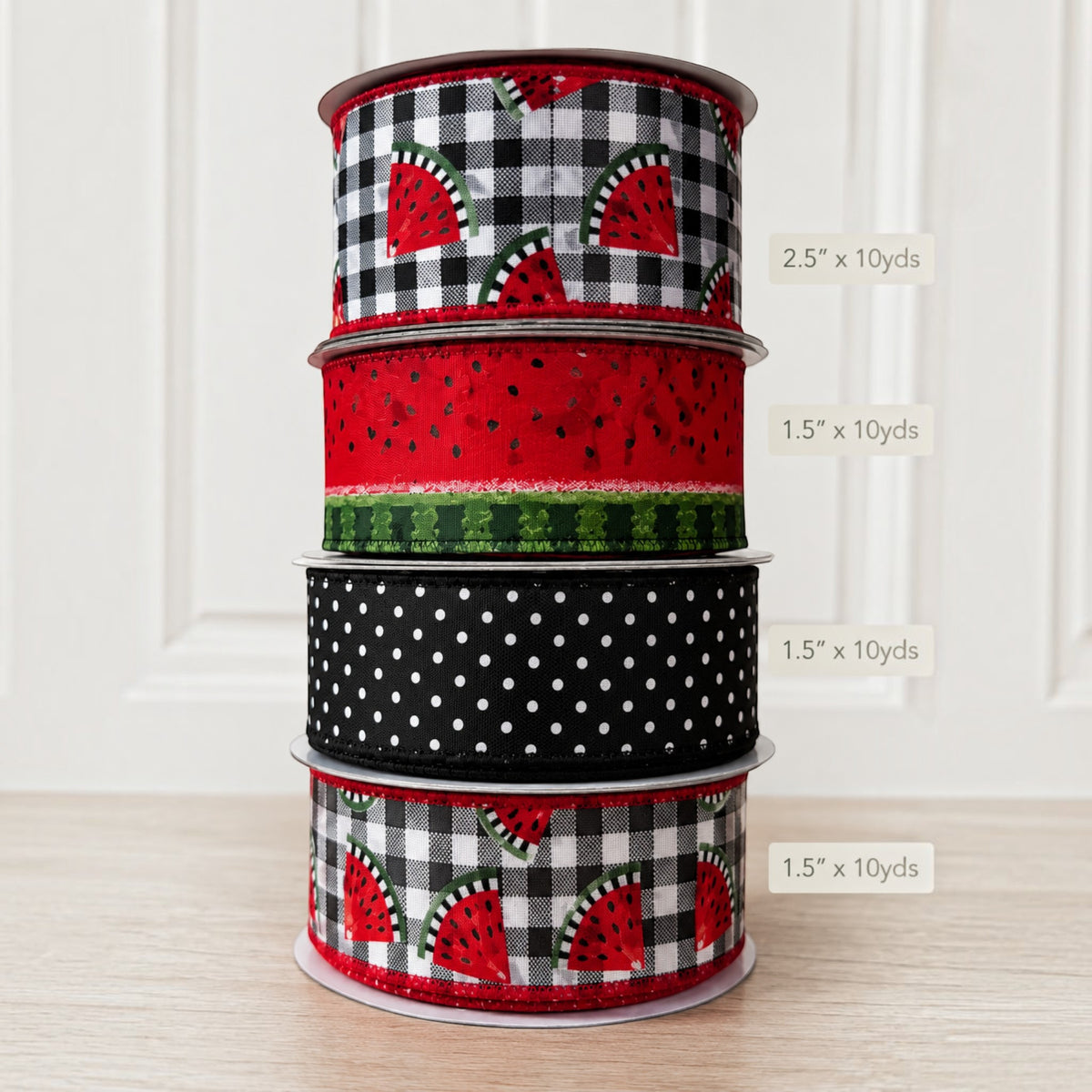 The Matthew John Collective Watermelon Picnic Ribbon Combo featuring four rolls of wired summer-themed craft ribbons.