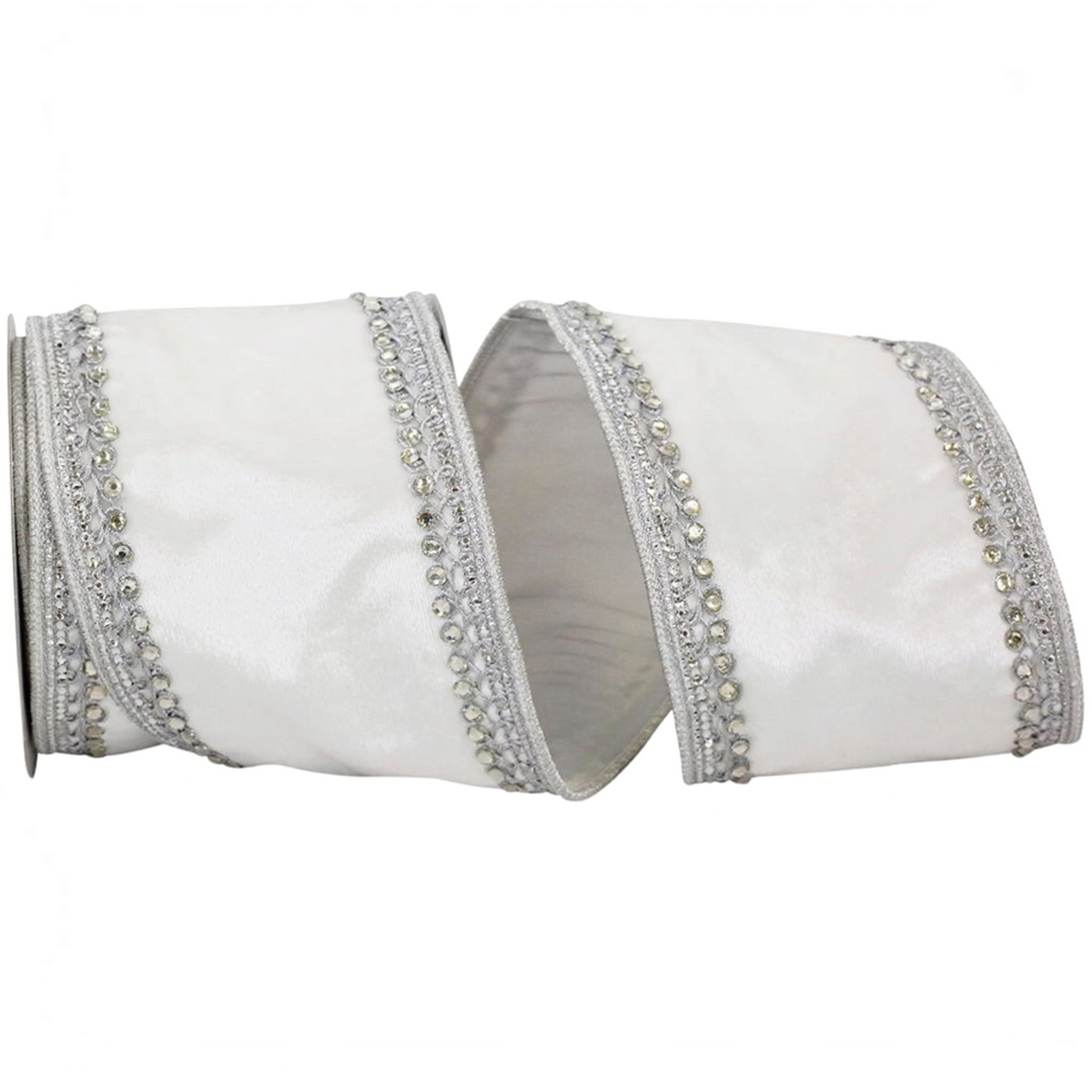 The Matthew John Collective white velvet ribbon with silver jewel-trimmed wired edges, 4 inches wide.
