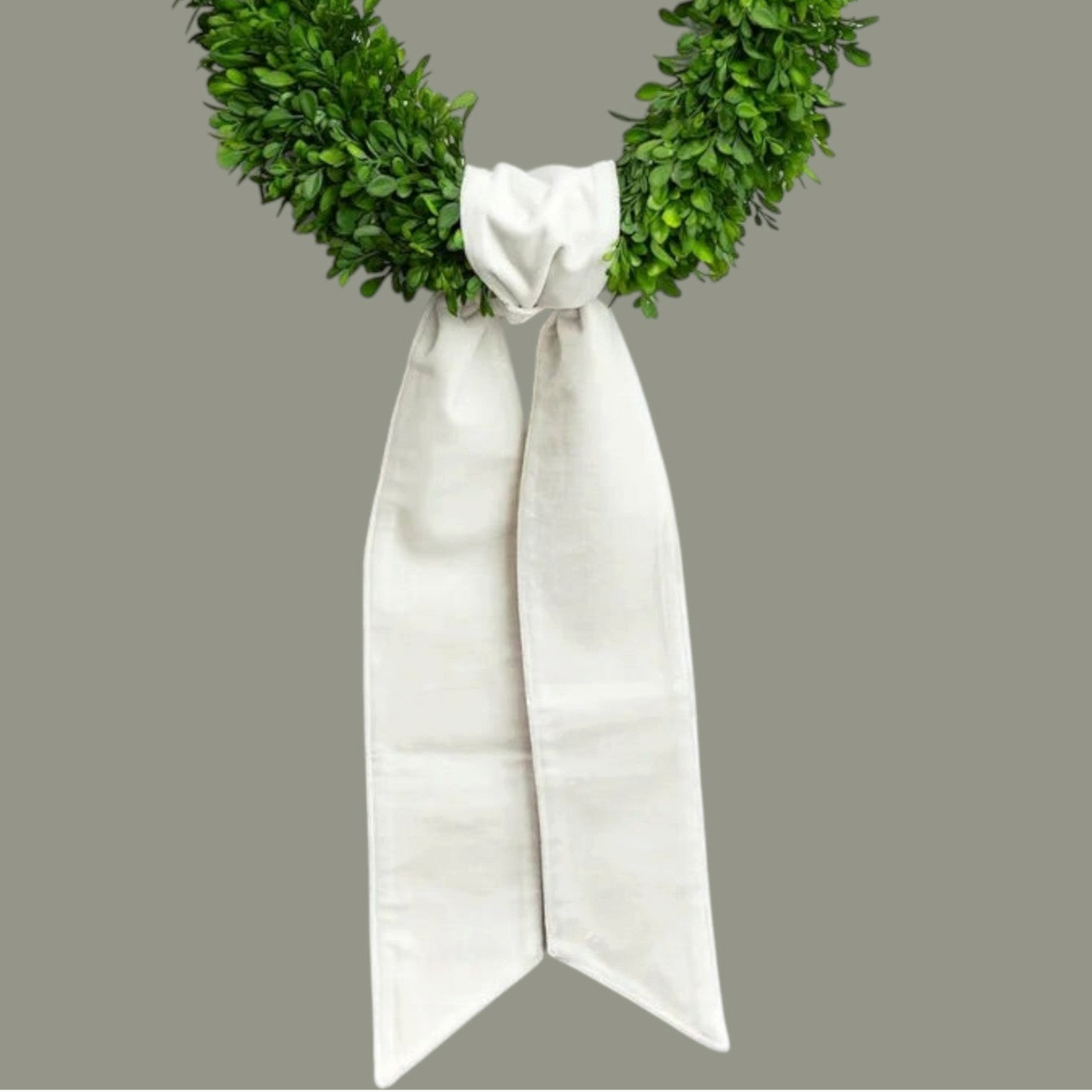 The Matthew John Collective winter white velvet wreath sash tied on a lush green boxwood wreath with pointed ends.