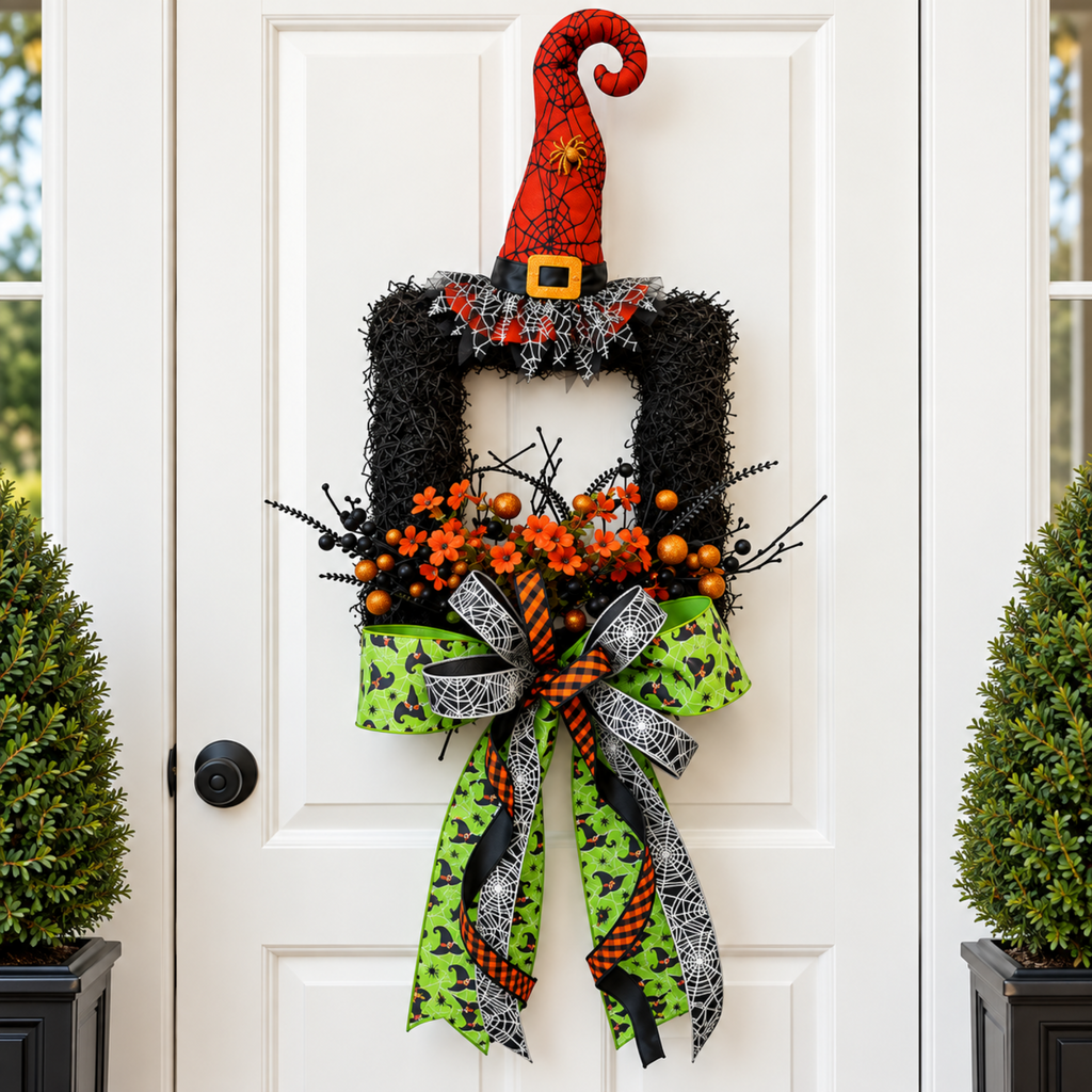 The Matthew John Collective handcrafted Halloween wreath featuring a witch hat, orange florals, and a designer bow.