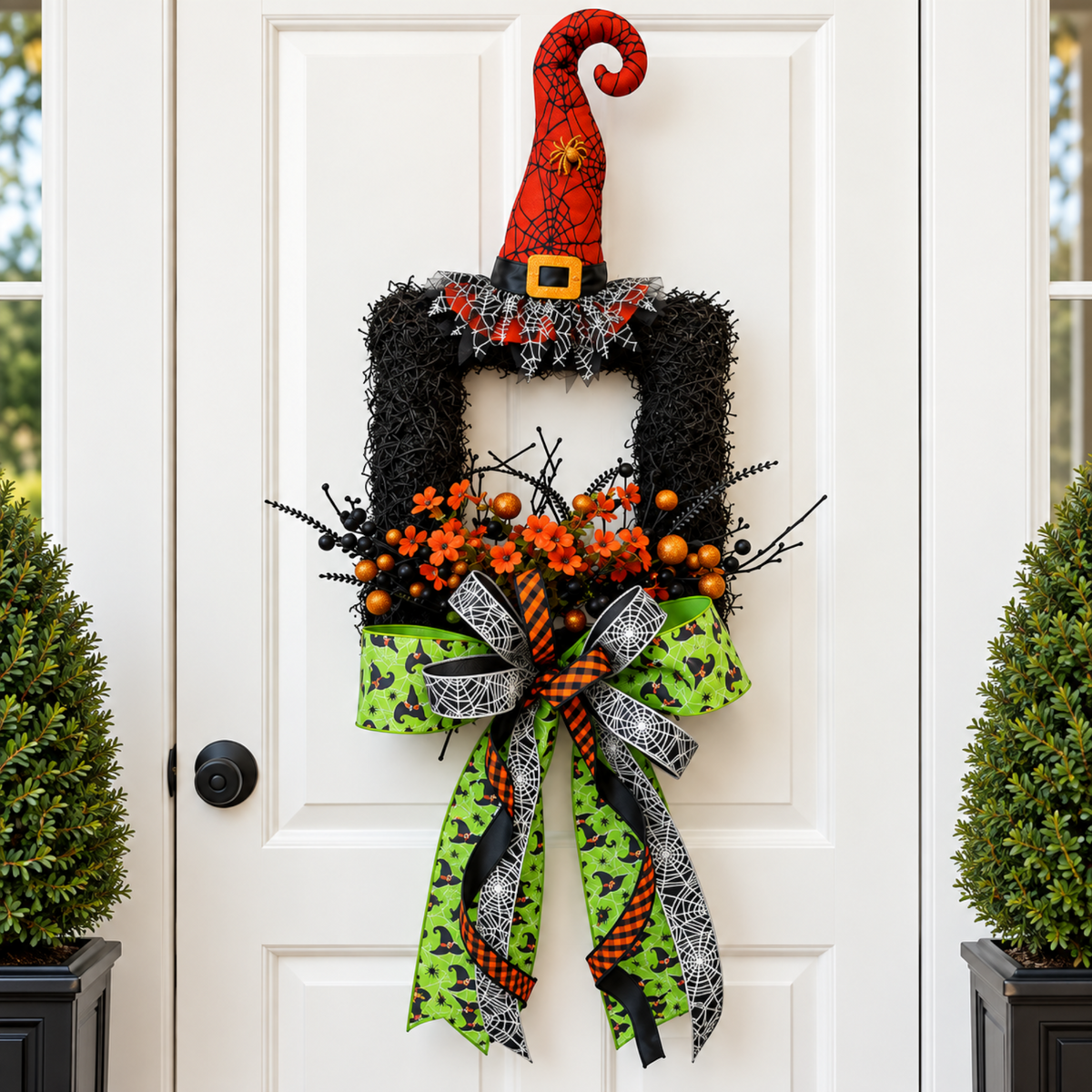 The Matthew John Collective handcrafted Halloween wreath featuring a witch hat, orange florals, and a designer bow.