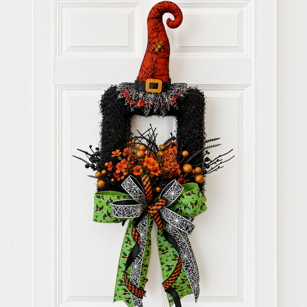 The Matthew John Collective handcrafted Halloween wreath featuring a witch hat, orange florals, and designer ribbons.
