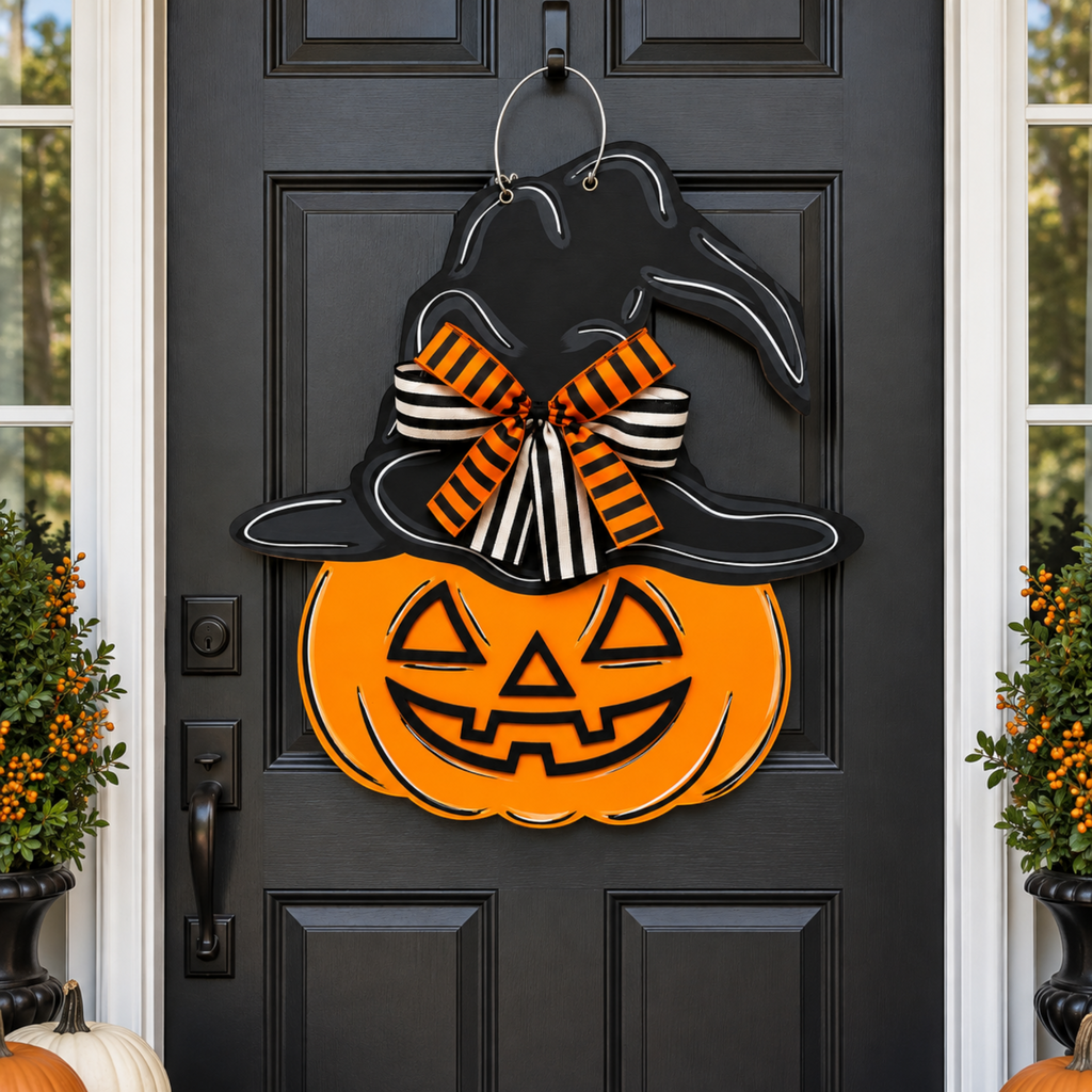 The Matthew John Collective hand-painted wooden jack-o'-lantern door hanger with a witch hat and striped bow.