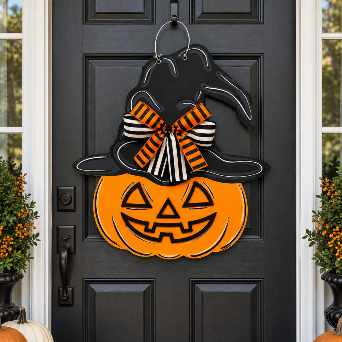 The Matthew John Collective hand-painted wooden jack-o'-lantern door hanger with a witch hat and striped bow.