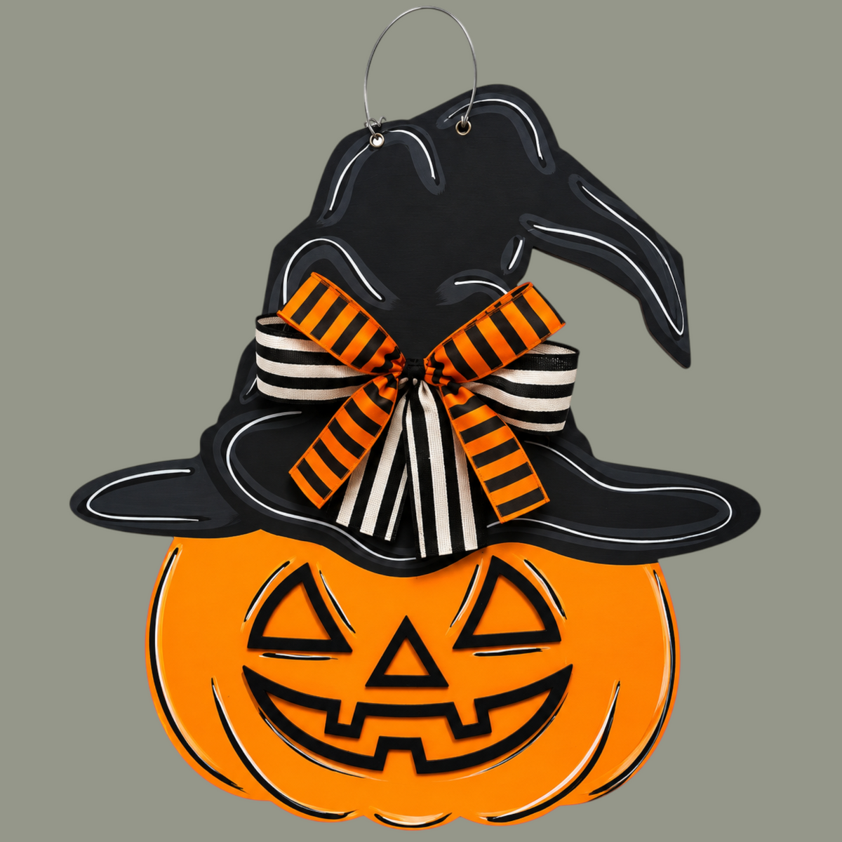 The Matthew John Collective hand-painted wooden jack-o'-lantern door hanger with a witch hat and striped bow.
